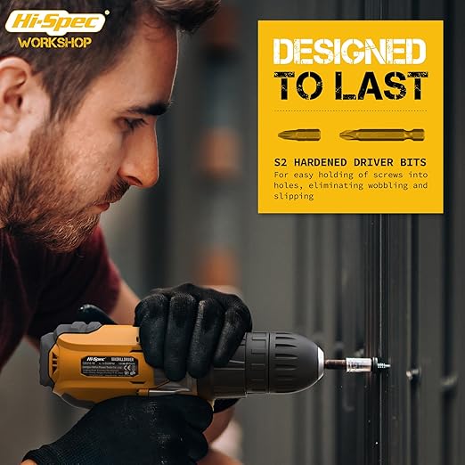 Hi-Spec 58 Piece 18V Cordless Drill Driver & S2 Steel Bit Set in a Zipper Case. Electric Power Screwdriver & Drilling DIY Tool for Metal, Wood & Masonry in the Home, Garage & Workshop