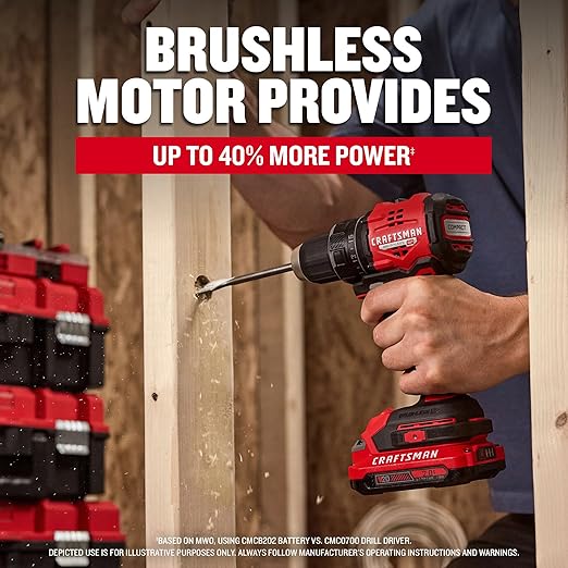CRAFTSMAN V20 BRUSHLESS RP Compact Drill/Driver, Variable Speeed Trigger, Built In LED, Includes Battery and Charger (CMCD714D1)