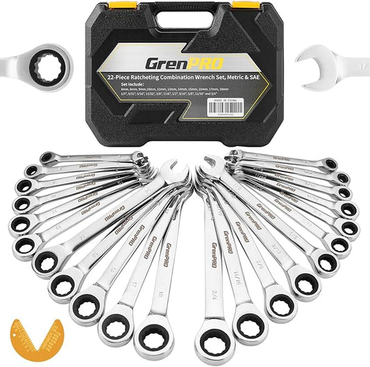 23 Piece Ratcheting Wrench Set, Open End Wrench Set Metric And Standard 6-18mm & SAE 1/4"-3/4", Combination Wrenches Sets, Organizer Tool Box, 72 Tooth Large Wrench Hand Tools Set With 1 Gauge