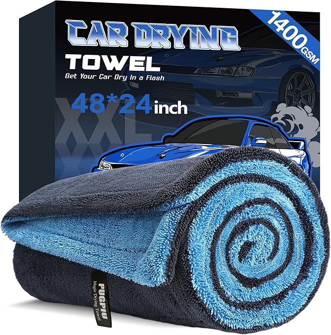 PUGPIU Microfiber Car Drying Towel Extra Large Super Absorbent 48"X24", 1400 GSM Flash Detail Car Wash Drying Towel Edgeless with Two Sided Soft Twisted-Loop, No Water Spots Streaks for Cars (Blue)