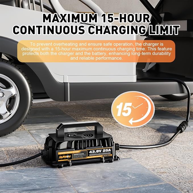 Suraziki 36V Lithium Golf Cart Battery Charger -43.8Volt 25AMP Onboard LiFePO4 Charger for 38.4V 12S Marine Solar Batteries,Waterproof Smart Charger with 0V BMS Activate Mode
