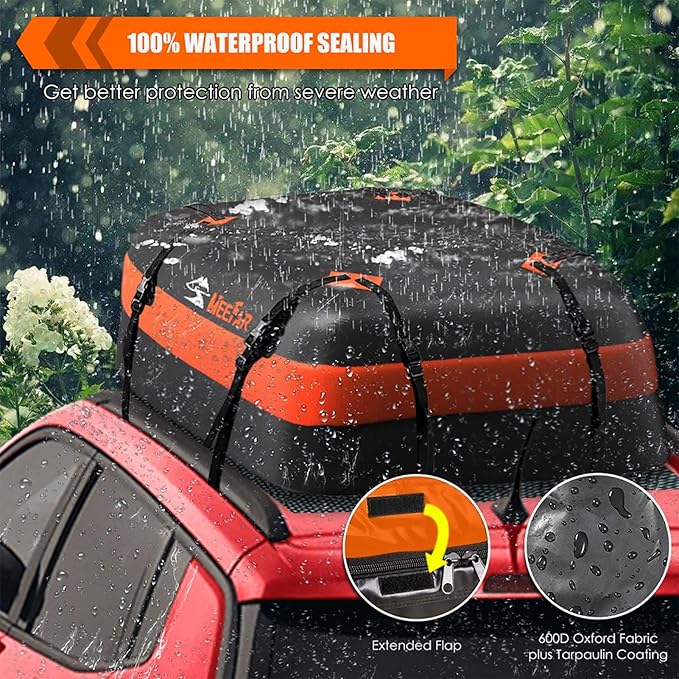 Combo of MeeFar Hitch Mount Cargo Carrier Bag Soft Shell 20 Cubic Feet 100% Waterproof + 15 Cubic Feet Car Roof Bag Cargo Carrier