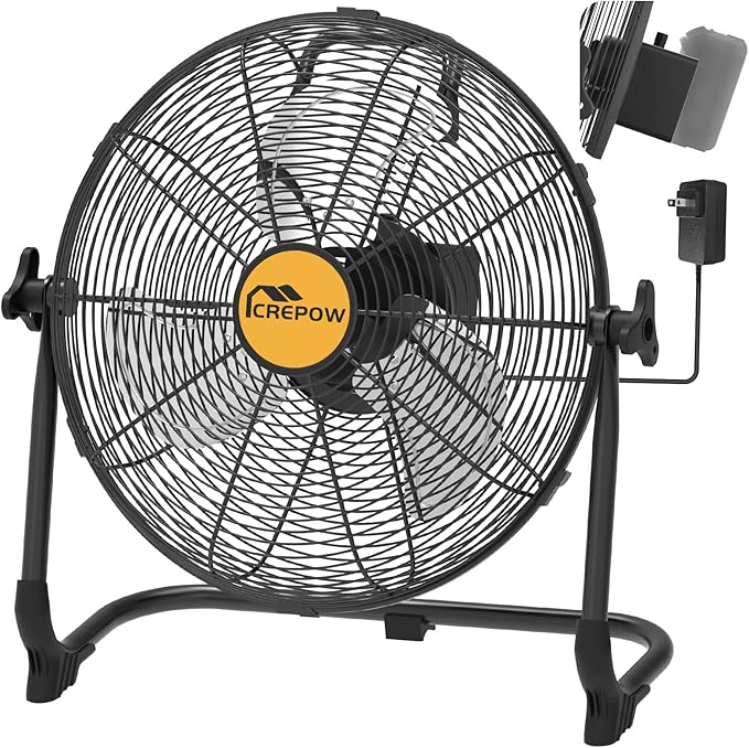 12" Battery Operated Floor Fan Compatible with Dewalt 20V Max Battery, Portable Cordless Fan with AC Adapter, USB and Type C Output, Variable Speed Fans for Jobsite Garage Camping (No Battery)