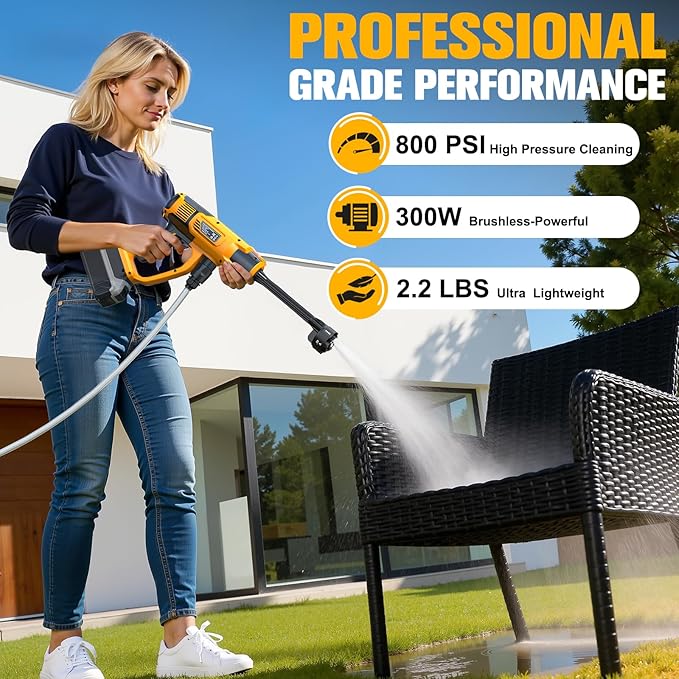 Cordless Pressure Washer Compatible with DeWalt 20V Battery, 800PSI Ultra-Light 2.2LBS with Brushless Motor, 16.4ft Hose & 6-in-1 Nozzle + Foam Cannon for Car, Patio, Fence (Tool Only)