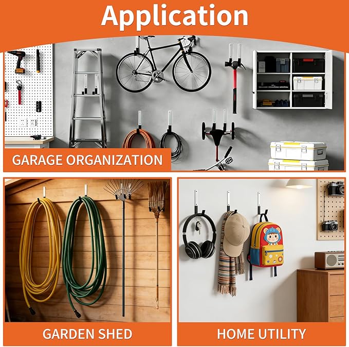 GeeWatom Heavy Duty Steel Garage Hooks,Garage Storage Utility Hooks,Anti-Slip Garage Hooks,Garage Garden Tool Organizer,Steel Wall Mount Hooks, Garden Hose Hanger, Black J Hooks (Large-6PC)