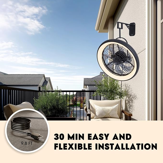 Wall Mounted Fan with Lights, 20” Wall Mount Fan with Remote, 6 Speeds Plug in Wall Fan, Reversible, 3CCT, Dimmable, Noiseless, 360°Adjustable Tilt for Workshop, Patio, Home
