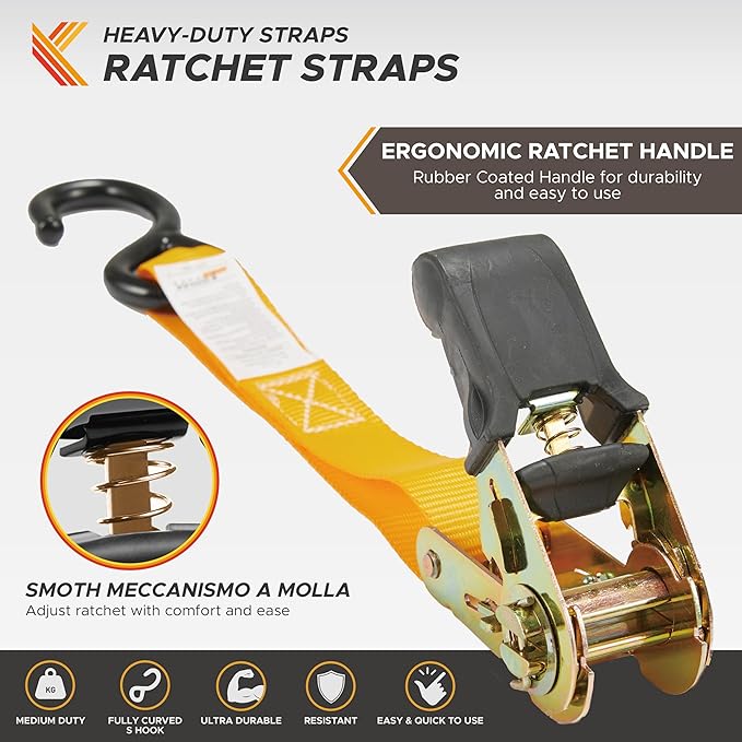KODIAK STRAPS Ratchet Straps Heavy Duty Tie Down Strap Set 2200 Break Strength – 1" x 17' 4pk with Soft Loops Cargo Truck Bed Tie Downs – Coated Deep S-Hook & Carry Bag for Moving, Securing Cargo