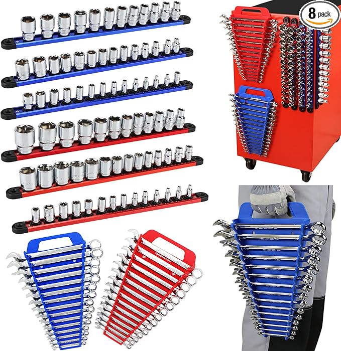 8-Piece Magnetic Socket and Wrench Organizer Set, Metric & SAE, 1/4", 3/8", 1/2" Drive Socket Rail, 24-Slots Wrench Holder with Non-Slip Handle for Toolbox Drawer Storage (Socket Wrench not Included)