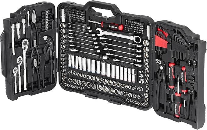 STARWORK TRUE MECHANIC 312-Piece Mechanics Tool Set and Socket Set, Professional 【Pliers Wrench】 SAE/Metric, Mirror-Finish Sockets & Ratchet Wrenches