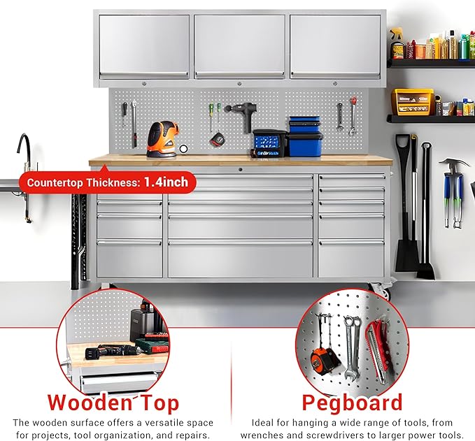 CT Copper Tailor 72-inch Tool Chest Cabinet Rolling Garage Workbench with 15 Storage Drawers and Wheels, 3 Upper Cabinet, Pegboard, Steel Large Tool Box,Stainless Steel