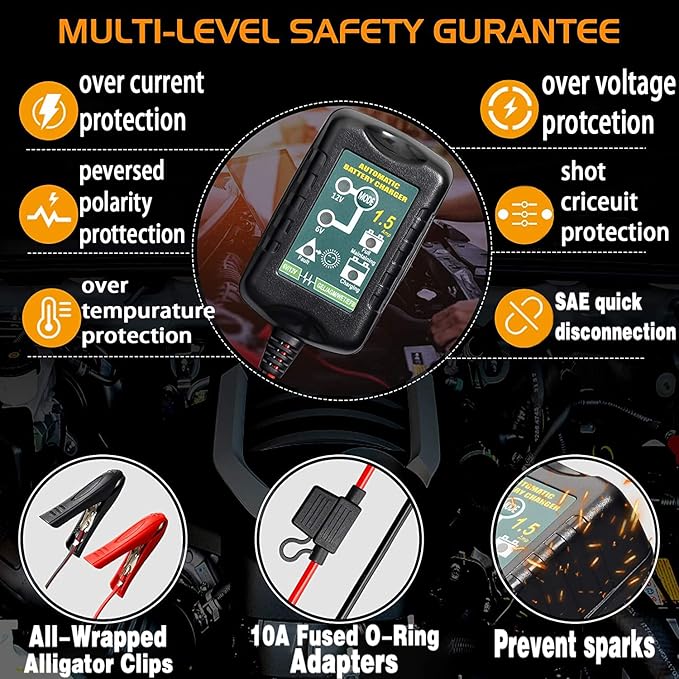 Battery Charger Automatic 6V 12V 1.5A, Trickle Charger Suitable for AGM Gel SLA VRLA Flood Lead-Acid Batteries, Starting Batteries for Auto Car Motorcycle, Dual Voltage Output Detection and Repair