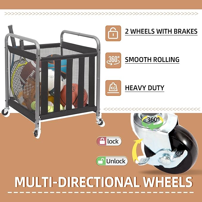 STORAGE MANIAC Ball Storage Bin Rolling Sports Ball Cart, Metal Garage Organizer Sport Rack Basketball Storage Cage for Garage or Gym, Indoor & Outdoor Sports Equipment Organizer