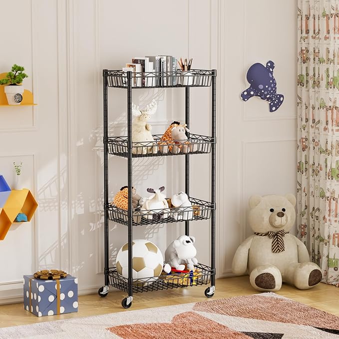 Golpart 4 Tier Shelf Wire Shelving Unit Adjustable Storage Shelves Big Basket Rack Standing Units for Kitchen Closet Laundry Bathroom Organizers Metal Pantry Mesh 10" D x 16" W x 55" H Black