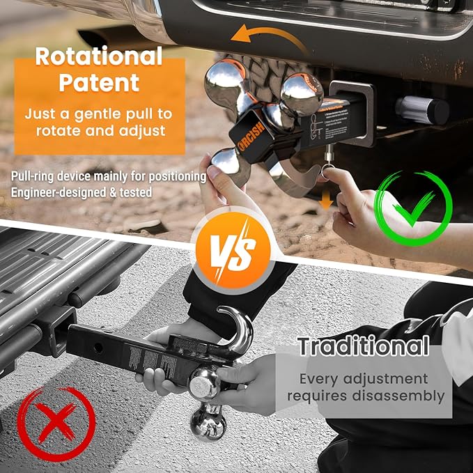ORCISH 360° Swivel Trailer Hitch, Tri-Ball Mount with Heavy Duty Hook & Anti-Theft Lock, Chrome-Plated Trailer Ball Size 1-7/8", 2" and 2-5/16", Fit 2 Inch Hitch Receiver, Rotating Tow Hitch