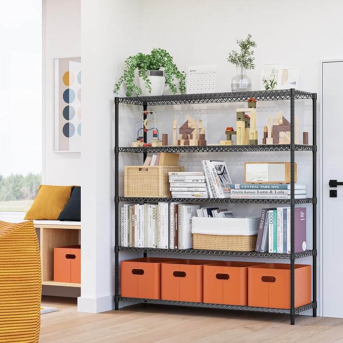 M MZG 3500LBS 59" W 5 Tiers Storage Shelves, Metal Shelving Wire Metal Shelving Unit Shelves for Storage Adjustable Garage Shelving for Pantry Kitchen Garage Black 17.7" D x 59.1" W x 70.4" H