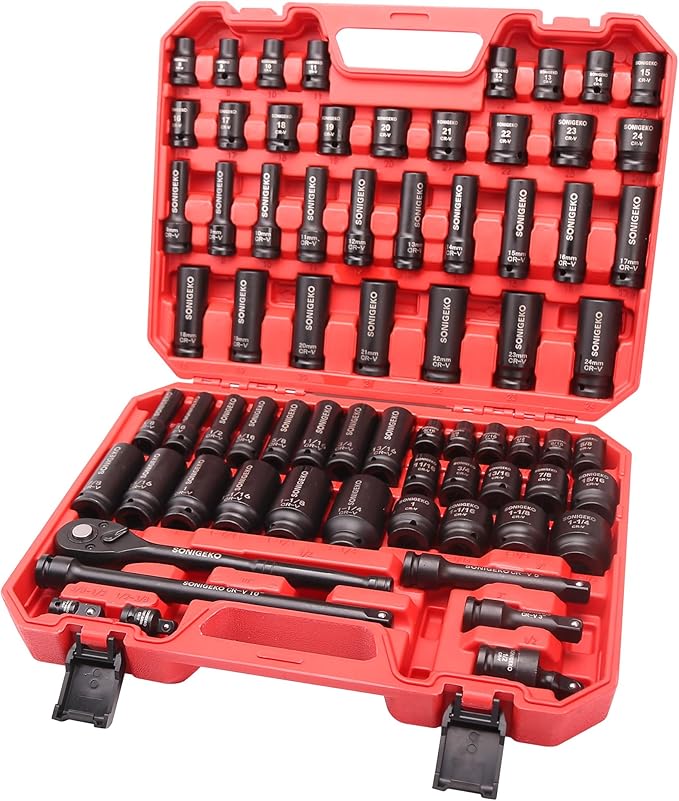 1/2" Drive Impact Socket Set,70-Piece 6 Point Deep, Standard SAE and Metric CR-V Steel Sockets with Drive Ratchet Handle (1/2" 70 PCS Socket Set,Metric and SAE)