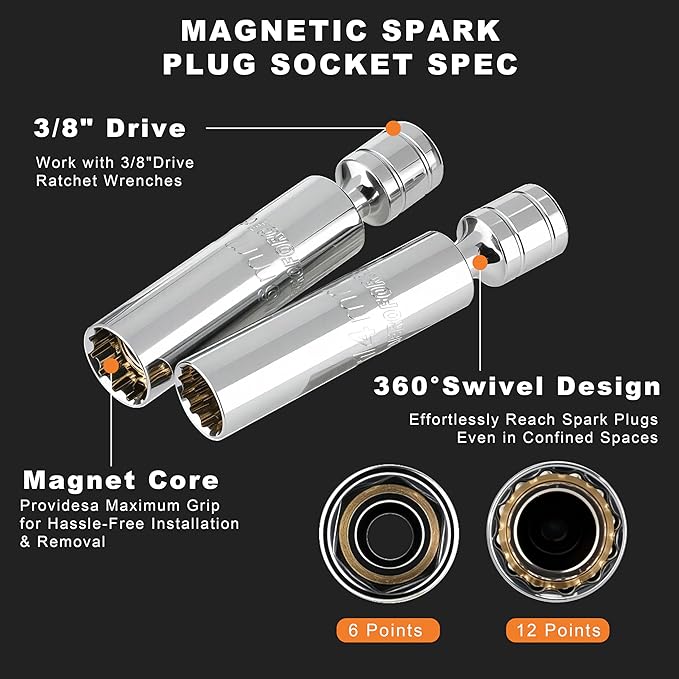 AEROFORCE 14PCS 3/8-Inch Drive Swivel Magnetic Spark Plug Socket Set with 3/8'' Torque Wrench (5-45 Lb.ft/6.8-61.2 Nm), Universal Joint & Extension Bar - Durable CR-V Steel for Easy Spark Plug Removal