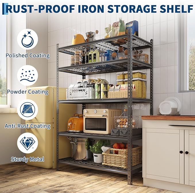 Garage Shelving 2200 LBS Storage Shelves Adjustable Metal Shelving Unit Heavy Duty 5 Tier Metal Shelves for Garage Kitchen Pantry Warehouse Basement, 48" W × 24" D × 72" H