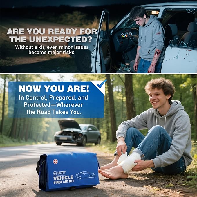 UOTT First Aid Kit for Car – Vehicle Emergency Kit with Detachable Modules, Window Breaker, Splint, Reflective Vest – for Travel, Commute & Roadside Emergencies, Compact Blue Bag