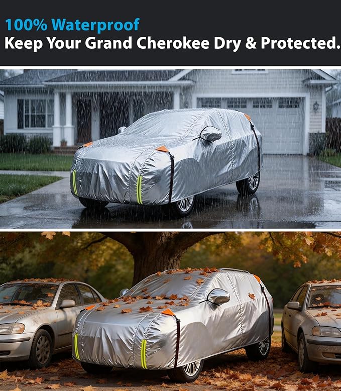 Wigoo Jeep Grand Cherokee Car Cover Accessories 1999-2026, Custom Fit Waterproof All Weather Outdoor Full SUV Cover, Windproof Sun UV Rain Snow Dust Protection, Door Zipper, Reflective Strips