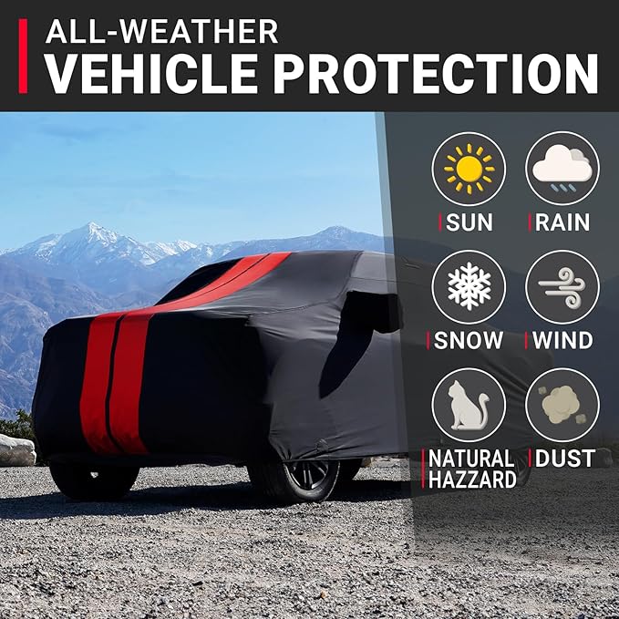 iCarCover Premium Plus Truck Cover Waterproof All Weather Rain Snow UV Sun Protection, F-150 250, C/K 3500, Silverado, Ram, Tundra, Sierra, Titan, Size T70 (See Size Chart) Stripe - Black/Red
