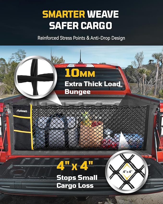 AUTOWN Truck Bed Cargo Net, Envelope Style Bed Netting for 2015+ Ford F150 & 2017+ F250/F350/F450, Pickup Truck Bed Organizer with 5mm Bungee & Integrated Storage Bag & Eyebolts & Carabiners