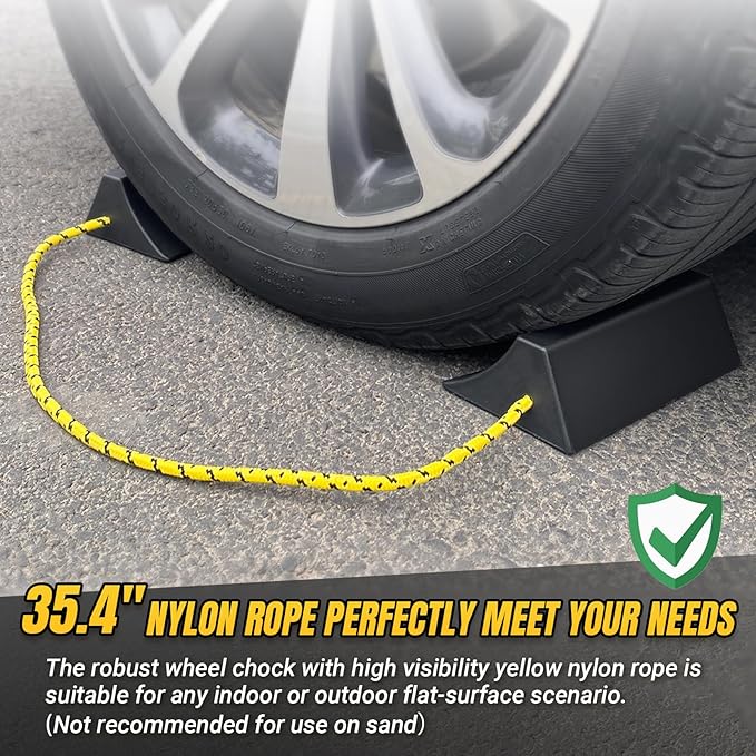 ROBLOCK Upgrade Wheel Chocks for Lightweight Travel Trailer Light Truck Car Tractor, Sturdy Simple Easy to use,Tires Light Block Stopper Chock with Nylon Rope Yellow Reflective Tape (4pack)