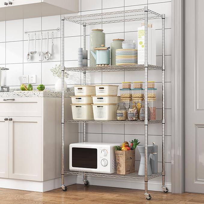 Homdox Heavy Duty 4-Tier Metal Shelving Unit with Adjustable Shelves, Rolling Storage Rack for Kitchen, Garage, Pantry, 36.02"x17.91"x74.41", Silver