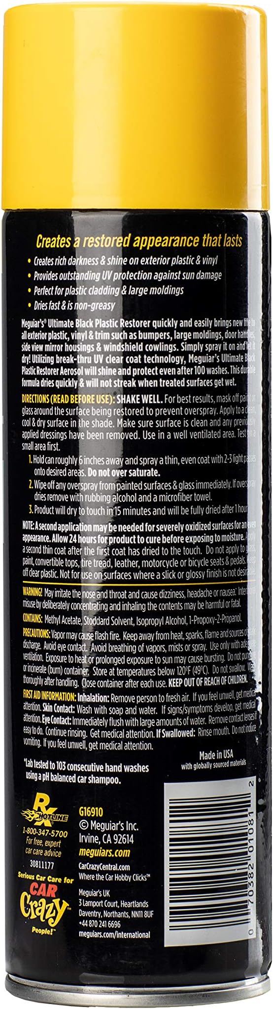 Meguiar's Ultimate Black Plastic Restorer, Restore Faded Exterior Trim, Add Shine and Protect Exterior Surfaces with Durability and UV Protection, Makes Plastic Look Like New, 10 Oz Aerosol