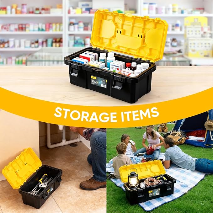 14 Inch Tool Box with Lock, 2-Layer Heavy-Duty Organizer with Removable Tray, Liftable Lid for Small Parts, 16lb Capacity & Carry Handle for Tools, Camping, Medical Supply Storage