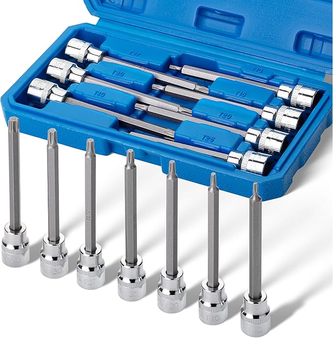 Bates- Extra Long Torx Bit Socket Set, 7 Pieces, 3/8" Drive T10-40, 4-3/8" Long Torx Socket Set 3/8 Drive