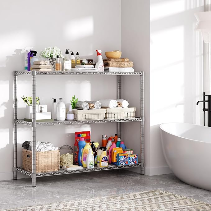 45" W x 20" D x 47" H Heavy Duty Wire Shelving Unit, 3-Tier Utility Storage Rack 1200 lbs Capacity, Adjustable Garage Shelves for Kitchen Garage Pantry, Easy Assembly