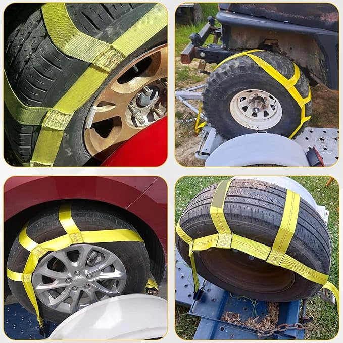 Tow Dolly Basket Straps, Car Dolly Wheel Straps with Flat Hook Fits 15"-19" Tires Wheels Auto Vehicle 10,000 Lbs Breaking Strength (Yellow)