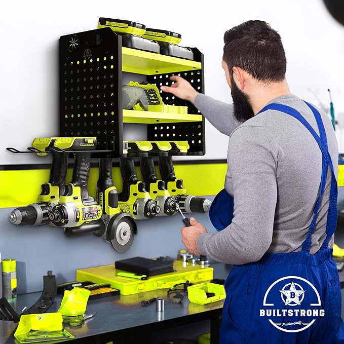 BUILTSTRONG Power Tool Organizer - 6 Drill Holder Wall Mount, 3-Tier Heavy-Duty Hand Tool Storage Rack With 2 Pegboard Sides - Green