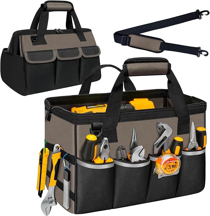 NECKORY Tool Bag, Portable Tool Box Organizer Adjustable Shoulder Strap, Carry Tool Tote Heavy Duty Tool Storage Bag With Wide Mouth,Tool Bags for Men Mechanic EngineerGift - L, Coffee & Black