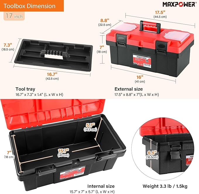 MAXPOWER 2-Piece Plastic Tool Box Set, 12-inch Mini Tool Box & 17-inch Handheld Toolbox, Lockable, Removable Tray, Top Small Parts Organizer Storage for Home, Garage, and DIY Projects