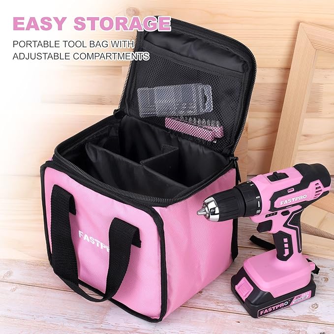 FASTPRO 20V Pink Drill Set, 3/8 in. Cordless Drill Driver Kit with 1.5 Ah Lithium-ion Battery, Charger and Tool Bag