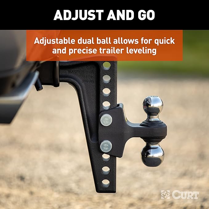 CURT 45936 Deep-Drop Adjustable Trailer Hitch Ball Mount with Dual Ball, 2" Shank, Up to 15,000 lbs