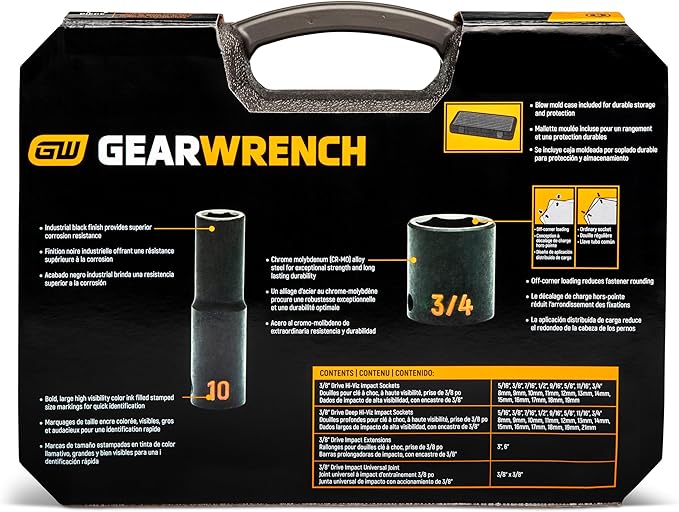 GEARWRENCH 44 Piece 3/8" Drive 6 Point Standard & Deep Impact SAE/Metric Hi-Viz Socket Set | 84916H