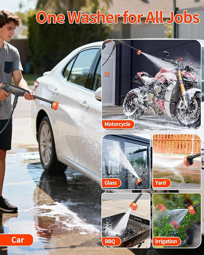 Cordless Pressure Washer Battery Powered; 1100PSI 2.4 GPM Portable Cordless Power Washer with 6-in-1 Nozzle, Foam Cannon, 21V Battery&Charger; Handheld Battery Pressure Washer (EnduringOrange)
