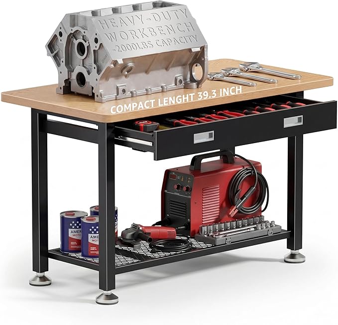 39" Heavy Duty Work Bench With Drawer and Storage for Garage, Small Wood Top and Metal Workbench for Crafts 3d Printer Work Table Tool Chest Workbenches Crafting Table Working Station Shop Bench