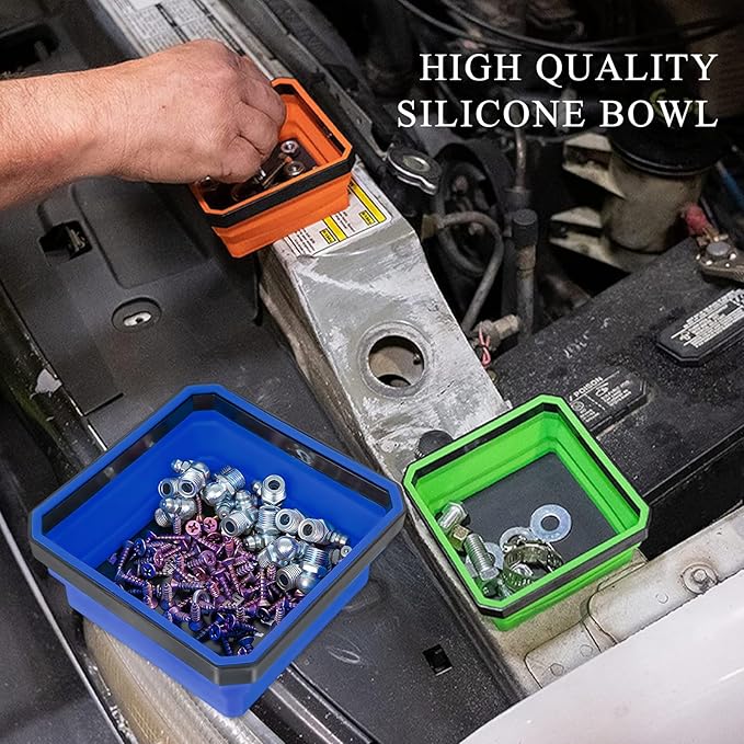 Collapsible Magnetic Parts Tray, 4.5" Square Silicone Tool Tray with Dual-Sided Magnetic Base, Foldable Small Metal Parts Organizer Storage Bowl for Screws Bolts Nuts Washers (Blue)