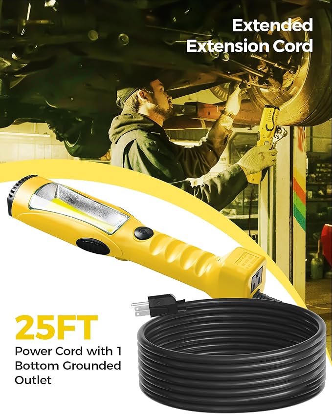 18W LED Work Light, 25FT 2000LM COB LED Light, Handheld Underhood Trouble Light with Cord 16 Gauge SJTW, Swivel Hook, for Garage, Workshop, Car Repair Scene, ETL Listed, Yellow Y04WL06