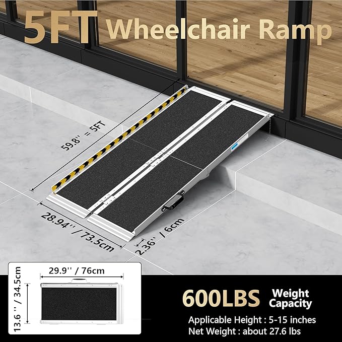 5FT Portable Wheelchair Ramp, Non-Slip Aluminum Folding Handicap Ramp, Ramps for Wheelchairs for Home with Handle, Wheelchair Ramps for Home Steps/Stairs/Threshold/Doorways/Scooter, 600LBS Capacity