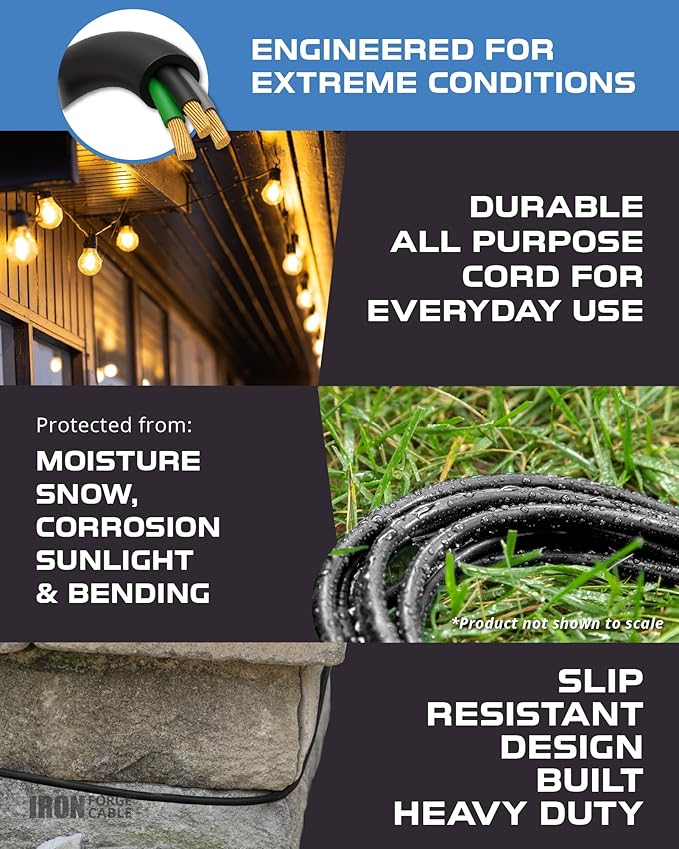 Iron Forge Cable 15 Ft Black Extension Cord with 3 Outlets - 16/3 SJTW 15 Foot 3 Outlet Outdoor Extension Cord 3 Prong, Weatherproof Exterior Power Cable for Outdoor