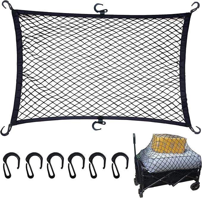 Cargo Net for Utility Folding Wagon, Beach Cart,Trolley Cart, Cover,Garden Cart Cover - Elastic Heavy Duty Nylon Net with 6 Hooks - Outdoor Wagon Accessories (35.5"×23.6" to 71"×47")(6)