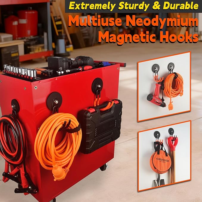 ULIBERMAGNET New Upgraded Ultra-Strong Magnetic Hooks,2 Pack Heavy Duty Ultimate Magnetic Hooks with 40LB Hold for Extension Cord, Hose, Rope, D-Handle Tools, Garden Tools (Orange/3.46inch)