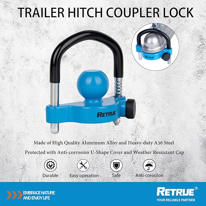 RETRUE Universal Trailer Ball Lock Hitch Coupler Locks Fits 1-7/8 Inch, 2 Inch, 2-5/16 Inch Couplers Adjustable Security with Weatherproof Cover and Cap, Blue