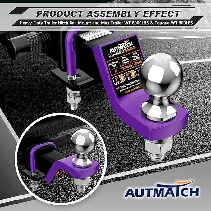 AUTMATCH Trailer Hitch Ball Mount with 2 Inch Hitch Ball - Fits 2" Receiver with Hitch Tightener, 8000Lbs Capacity Ball Hitch, 2-Inch Drop with 5/8" Hitch Lock Pin, Purple & Black