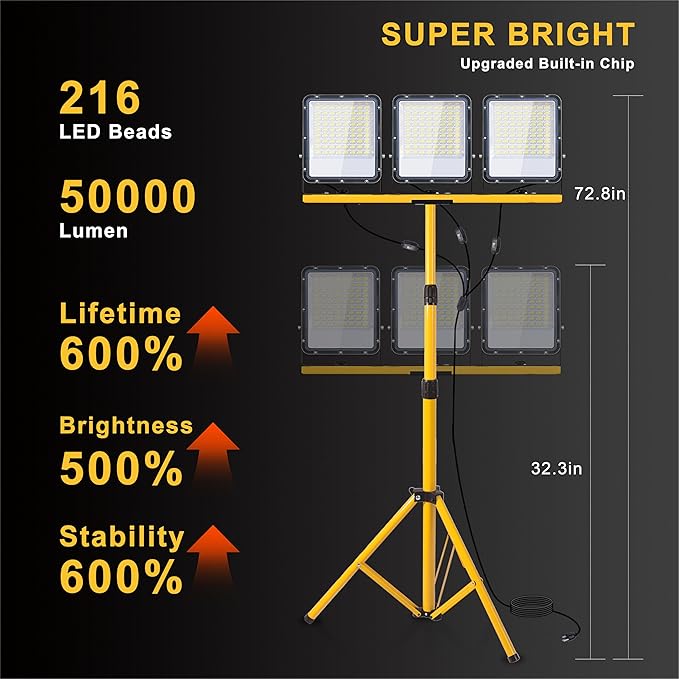 50000 Lumen LED Work Light with Stand - 3 Head Tripod Work Light - IP65 Waterproof Work Light with Tripod for Outdoor Indoor Job Site Workshop Garage Construction Site Lighting
